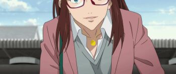 1girl aged_up animated animated_gif anime_screenshot brown_hair evangelion:_3.0+1.0_thrice_upon_a_time formal_clothes glasses jewelry long_hair looking_at_viewer makinami_mari_illustrious necklace neon_genesis_evangelion pink_suit rebuild_of_evangelion shirt smile suit sweater white_shirt