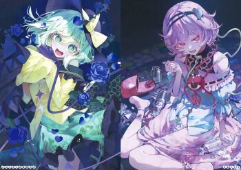 2girls black_hat blue_flower blue_rose blue_shirt blush bow buttons commentary_request diamond_button falling_petals flower glass_bottle green_hair green_skirt hat hat_bow heart_button komeiji_koishi komeiji_satori looking_at_viewer multiple_girls open_mouth petals pill pill_on_tongue pink_hair pink_skirt rose see-through_clothes shirt siblings sisters sitting skirt sleeves_past_fingers sleeves_past_wrists slippers smile syuri22 third_eye touhou translation_request unworn_slippers wariza yellow_bow yellow_shirt