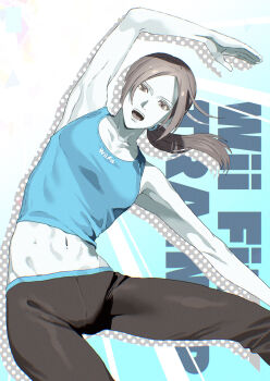 1girl blue_tank_top capri_pants colored_skin crop_top grey_eyes grey_hair highres long_hair looking_at_viewer midriff nintendo pants ponytail tank_top tsujii_luki white_skin wii_fit wii_fit_trainer wii_fit_trainer_(female)