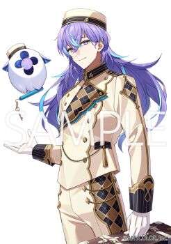 1boy argyle_clothes blue_hair briefcase brown_hat brown_jacket brown_pants commentary_request copyright_notice gloves gold_trim grey_eyes hand_up hat holding holding_briefcase hoshirube_sho jacket long_hair looking_at_viewer male_focus multicolored_hair nijisanji official_art otomo_(hoshirube_sho) pants purple_hair sample_watermark simple_background smile solo streaked_hair tuze111 virtual_youtuber watermark white_background white_gloves