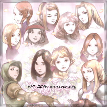 agrias_oaks alma_beoulve armor bad_id bad_pixiv_id blonde_hair brown_eyes brown_hair celia closed_mouth commentary_request final_fantasy final_fantasy_tactics gloves headband highres hood lettie long_hair looking_at_viewer medium_hair meliadoul_tengille milleuda_folles multiple_girls ovelia ovelia_atkascha rapha_galthena reis_duelar smile tietra_heiral user_tanv4842 yellow_eyes