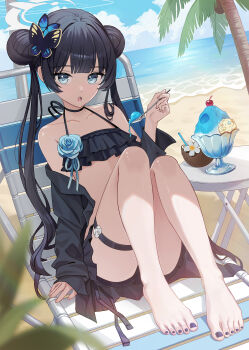 1girl :o absurdres alternate_costume bare_shoulders barefoot beach beach_chair bikini black_bikini black_hair blue_archive blue_eyes blue_flower butler coconut coconut_tree collarbone day double_bun drinking_straw fingernails flower frilled_bikini frills hair_bun halo hand_up highres holding holding_spoon kisaki_(blue_archive) loli long_hair looking_at_viewer nail_polish open_mouth outdoors palm_tree petite prock purple_nails sitting solo spoon stomach swimsuit thigh_strap toenail_polish toenails tree twintails very_long_hair water white_halo