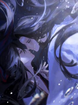 2boys air_bubble bishounen black_hair black_hanfu blurry bubble chinese_clothes chinese_commentary closed_eyes commentary_request diaomaoxiaoheidaoliangquanban eyelashes face-to-face floating_hair forehead-to-forehead from_side hair_down hair_ribbon half_updo hanfu headband heads_together highres holding_hands imminent_kiss kiss kissing_cheek lan_wangji light_particles long_hair long_sleeves looking_at_another male_focus modao_zushi multiple_boys official_alternate_hairstyle parted_lips profile red_eyes red_ribbon ribbon robe submerged underwater upper_body wei_wuxian wei_wuxian_(yiling_laozu) white_hanfu white_headband wide_sleeves yaoi