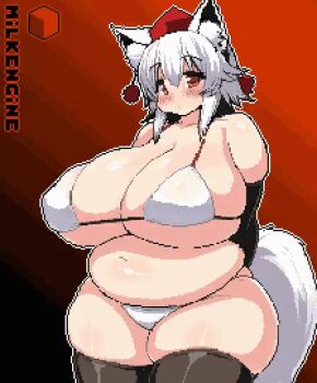 1girl animal_ears animated animated_gif arms_behind_back belly bikini blinking blush bouncing_breasts breasts cleavage covered_erect_nipples cube elbow_gloves eyebrows_hidden_by_hair fat fat_woman gloves gradient_background hat huge_breasts inubashiri_momiji kyosuke_fujiwara looking_at_viewer navel pixel_art plump red_eyes short_hair solo standing swimsuit tail thick_thighs thighhighs thighs tokin_hat touhou underboob white_hair wide_hips wolf_ears wolf_tail