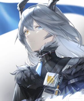Rule 34 | 1girl, artist request, bad source, black coat, black fur, black horns, blurry, blurry background, closed mouth, coat, depth of field, ear piercing, expressionless, flag, from below, from side, fur coat, fur collar, fur trim, glint, glowing, grey background, grey fur, grey hair, hair between eyes, heterochromia, highres, horns, long hair, looking down, looking to the side, piercing, shade, solo, standing, star-shaped pupils, star (symbol), sunbringer (zenless zone zero), symbol-shaped pupils, upper body, wavy hair, xiaohongshu id, zenless zone zero