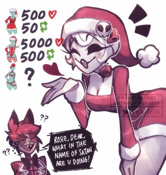 1boy 1girl :d alternate_costume animal_ears black_bow black_bowtie black_eyes blowing_kiss bow bowtie breasts colored_skin deer_boy deer_ears dress english_text grey_skin hat hazbin_hotel heart hellaverse highres large_breasts open_mouth red_hair rosie_(hazbin_hotel) santa_costume santa_dress santa_hat sharp_teeth short_hair simple_background skull_ornament smile solo_focus speech_bubble teeth upper_teeth_only watermark white_hair yukifrill