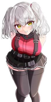 1boy 1girl absurdres bare_shoulders belorta_(nikke) black_gloves black_thighhighs breasts gloves goddess_of_victory:_nikke grey_hair highres large_breasts long_hair long_sleeves looking_at_viewer medium_hair nerin_ekaki open_mouth skirt smile solo thighhighs thighs twintails yellow_eyes zettai_ryouiki