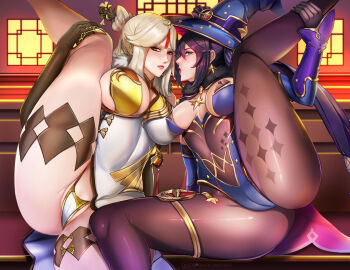 2girls badcompzero black_gloves black_pantyhose blonde_hair breasts cameltoe claw_ring cleavage cleavage_cutout closed_mouth clothing_cutout commentary dress earrings elbow_gloves english_commentary female_focus genshin_impact gloves green_eyes hair_ornament hat indoors jewelry large_breasts leg_up lips lipstick looking_at_viewer makeup mona_(genshin_impact) multiple_girls ningguang_(genshin_impact) open_mouth orange_hair panties pantyhose purple_dress purple_hair purple_sleeves spread_legs string_panties underwear white_panties witch witch_hat