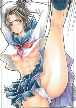 1girl abs absurdres arkin_akinnson arms_up black_hair blue_sailor_collar blue_skirt blush bound bound_wrists breasts clothes_lift commentary_request commission crotch_seam from_below gabi_braun grey_hair grimace high_kick highres kicking leg_up long_sleeves marker_(medium) medium_breasts motion_lines navel neckerchief nipples no_bra panties pantyshot parted_lips pixiv_commission red_neckerchief sailor_collar school_uniform serafuku shingeki_no_kyojin shirt shirt_lift short_hair simple_background skirt solo stomach thighs toned toned_female traditional_media underwear white_background white_panties white_shirt