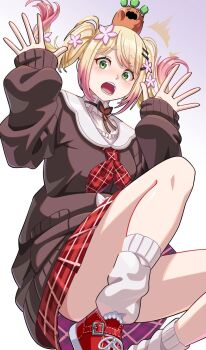 1girl ^^^ blonde_hair blush bow bowtie brown_bow brown_bowtie brown_cardigan cardigan collar commentary_request floating_hair frilled_collar frilled_shirt frills gradient_hair green_eyes hair_ornament hairclip hands_up highres hololive looking_at_viewer loose_socks medium_hair momosuzu_nene momosuzu_nene_(casual) multicolored_hair neckerchief nekko_(momosuzu_nene) official_alternate_costume official_alternate_hairstyle on_head open_mouth pink_hair plaid_clothes plaid_neckerchief plaid_skirt red_neckerchief red_shoes red_skirt sailor_collar shirt shoes sidelocks skirt sleeves_past_wrists socks surprised swept_bangs tomato_matoma twintails virtual_youtuber white_background white_sailor_collar white_shirt white_socks