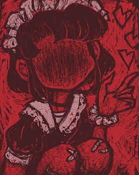 1girl bandaid bandaid_on_knee bandaid_on_leg body_horror commentary dress english_commentary faceless frilled_dress frills gestart333 heart horror_(theme) long_hair lowres maid_headdress monochrome original red_theme scrunchie solo too_many_bandaids wrist_scrunchie
