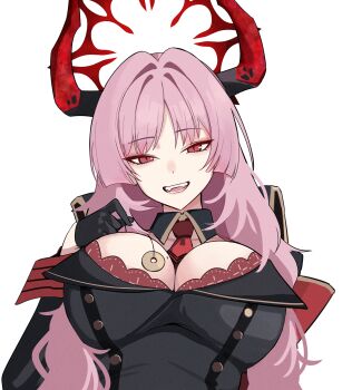 1girl absurdres blue_archive bra bra_peek breasts coin coin_on_string commentary commission fangs halo heart highres holding holding_pendulum holed_coin horns hypnosis hypnotizing_viewer kyurosuku long_hair looking_at_viewer mind_control mole mole_on_breast multicolored_horns necktie open_mouth pendulum pink_hair red_bra red_eyes red_halo red_horns red_necktie satsuki_(blue_archive) signature simple_background skeb_commission solo teeth two-tone_horns underwear upper_body very_long_hair white_background