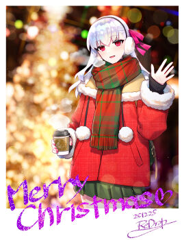 1girl blush christmas christmas_tree cup disposable_coffee_cup disposable_cup earmuffs fate/grand_order fate_(series) green_skirt hair_ribbon highres jacket kama_(fate) kama_(teenager)_(fate) long_hair long_sleeves looking_at_viewer merry_christmas open_mouth red_eyes red_jacket red_scarf redrop ribbon scarf skirt smile solo white_hair