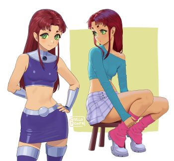 1girl arm_behind_back artist_name bare_shoulders belt blue_shirt breasts carlo_montie colored_sclera commentary cowboy_shot crop_top dc_comics fingerless_gloves full_body gloves green_eyes green_sclera hand_on_own_hip highres holding_own_leg light_blush light_smile long_hair looking_at_viewer looking_to_the_side medium_breasts midriff miniskirt multiple_views pencil_skirt plaid_clothes plaid_skirt purple_shirt purple_skirt red_hair shirt sidelocks silver_belt sitting skirt sleeveless sleeveless_turtleneck starfire tamaranean teen_titans thick_eyebrows thighhighs turtleneck