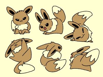 00tamakichi :&lt; :3 angry black_eyes brown_fur closed_eyes commentary_request ears_up eevee gen_1_pokemon highres looking_at_viewer looking_to_the_side multiple_views narrowed_eyes nintendo no_humans open_mouth pokemon pokemon_(creature) simple_background sitting tail yellow_background