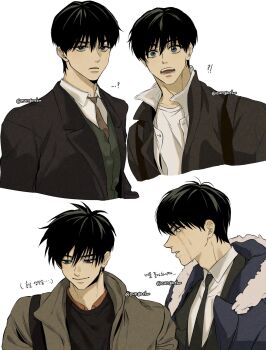 !? ...? 1boy backpack bag black_bag black_hair black_necktie black_shirt black_vest blazer blue_eyes blue_jacket brown_coat cheese_in_the_trap closed_mouth coat collared_shirt commentary_request crying eungaeboo fur-trimmed_jacket fur_trim green_vest hair_between_eyes highres hood hood_down jacket korean_commentary korean_text lapels layered_shirt light_blush light_frown looking_ahead looking_at_viewer looking_down looking_to_the_side male_focus multiple_views necktie notched_lapels open_clothes open_collar open_jacket open_mouth open_shirt parted_lips red_necktie red_shirt shirt short_hair shoulder_bag smile surprised t-shirt translation_request twitter_username upper_body vest waistcoat white_background white_shirt wing_collar winter_clothes winter_coat yoo_jung