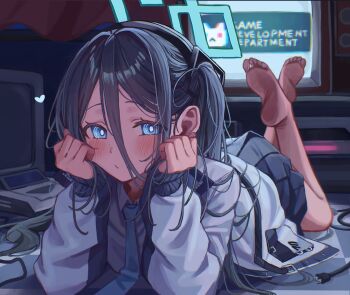 1girl :/ aris_(blue_archive) bare_legs barefoot black_skirt blue_archive blue_eyes blue_necktie blush bright_pupils commentary crossed_ankles crt feet_up hair_between_eyes halo heart highres indoors jacket logo long_hair_between_eyes looking_at_viewer lying masute necktie on_stomach one_side_up pleated_skirt shirt skirt soles solo the_pose toes white_jacket white_pupils white_shirt