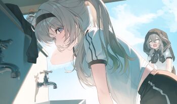 2girls absurdres black_shorts blue_eyes blue_sky bottle closed_eyes cloud commentary exhausted facing_to_the_side faucet firefly_(honkai:_star_rail) gradient_eyes grey_hair hairband highres holding_own_hair honkai:_star_rail honkai_(series) jacket jacket_on_head jw_(wrdawrda) leaning_forward long_hair looking_at_viewer midriff_peek multicolored_eyes multiple_girls open_mouth pink_eyes shadow shirt short_sleeves shorts sink sky smile stelle_(honkai:_star_rail) sweat t-shirt trailblazer_(honkai:_star_rail) unworn_jacket water_bottle white_shirt