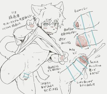 1boy absurdres animal_ears bad_id bad_twitter_id bar_censor blush bottomless cat_boy cat_ears cat_tail censored clothes_lift cropped_legs cum ejaculation erection fang fewer_digits flaccid furry furry_male green_eyes highres inactive_account kurokiriririri lifting_own_clothes male_focus measurements monochrome navel open_mouth original penis projectile_cum shirt shirt_lift short_hair shota sketch skin_fang solo spot_color stomach t-shirt tail testicles