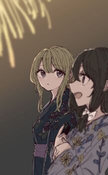 :d :o blonde_hair blush bow brown_hair commentary_request festival fireworks from_side hair_bow hair_bun hair_ornament highres japanese_clothes kashiwada_kiiho kimono looking_at_another looking_up maribel_hearn medium_hair no_headwear open_mouth own_hands_together purple_eyes revision sash short_hair smile standing touhou usami_renko white_bow