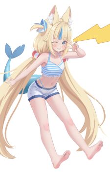 1girl absurdres animal_ear_fluff animal_ears bare_arms bare_legs bare_shoulders barefoot bikini bikini_under_clothes blonde_hair blue_eyes breasts denim denim_shorts fpvjoe full_body grin highres indie_virtual_youtuber long_hair looking_at_viewer multicolored_hair navel one_eye_closed sameko_saba short_shorts shorts simple_background small_breasts smile solo stomach striped_bikini striped_clothes swimsuit tail twintails v very_long_hair virtual_youtuber white_background white_shorts