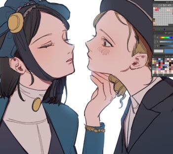 2girls art_program_in_frame bad_id bad_twitter_id black_eyes black_hair black_jacket blonde_hair blue_hat blue_jacket chinstrap closed_eyes collared_shirt from_side hand_on_another's_face hand_up hat identity_v jacket light_blush long_sleeves looking_at_another martha_behamfil medium_hair multiple_girls parted_bangs parted_lips portrait profile shirt sidelocks turtleneck turtleneck_shirt vera_nair white_shirt yp_(pypy_5_) yuri
