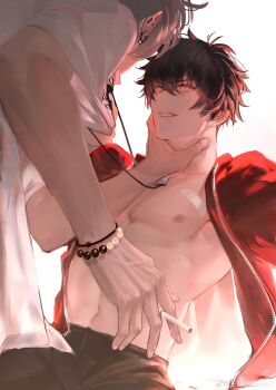 2boys abs aohitsugi_samatoki bare_pectorals bead_bracelet beads black_hair black_pants bracelet cigarette clothes_grab cowboy_shot denim ear_piercing face-to-face fingernails from_behind gleam green_eyes grin hand_on_another&#039;s_neck heterochromia highres holding holding_cigarette hypnosis_mic jacket jeans jewelry kami_off_record leaning_forward long_sleeves looking_at_another male_focus mole mole_under_eye multiple_boys navel necklace nipples open_clothes open_jacket open_mouth pants pectorals piercing red_eyes red_jacket shirt shirt_grab short_hair short_sleeves simple_background sitting smile stomach t-shirt teeth v-shaped_eyebrows white_background white_hair white_shirt yamada_ichiro yaoi zipper