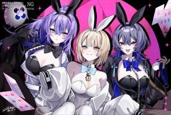 3girls 402_(o0_xxx) :3 :d animal_collar animal_ear_hairband animal_ears bare_shoulders black_bow black_bowtie black_gloves black_hairband black_jacket black_leotard black_nails blonde_hair blue_bow blue_bowtie blue_hair blue_streaks bow bowtie breasts card chain chain_leash cleavage collar commentary detached_collar double-parted_bangs fake_animal_ears fingernails genderswap genderswap_(mtf) gloves grey_eyes hairband half-closed_eyes hand_up hibachi_mana highres holding holding_collar hoshirube_sho jacket jacket_partially_removed koyanagi_rou large_breasts leash leotard long_hair looking_at_viewer medium_hair multicolored_hair multiple_girls nail_polish nijisanji open_mouth otomo_(hoshirube_sho) parted_bangs parted_lips pink_background playing_card ponytail purple_hair rabbit_ear_hairband rabbit_ears sharp_fingernails sharp_teeth short_hair signature smile strapless strapless_leotard streaked_hair symbol-only_commentary teeth tongue tongue_out virtual_youtuber watermark white_hairband white_jacket yellow_eyes