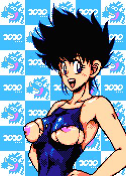 1990s_(style) 1girl big_hair black_hair blue_background blue_eyes blue_one-piece_swimsuit blush breasts breasts_out checkered_background collarbone curvy hands_on_own_hips honoo_no_toukyuuji:_dodge_danpei ichigeki_haruka large_breasts looking_at_viewer mature_female nipples one-piece_swimsuit open_mouth pixel_art retro_artstyle saiwai_hiroshi shiny_clothes shiny_skin short_hair smile solo standing swimsuit teeth torn_clothes torn_swimsuit two-tone_background white_background