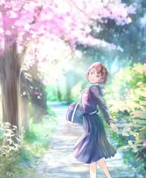 Rule 34 | 1girl, bag, blue bag, blue skirt, blurry, blurry background, brown eyes, brown hair, cherry blossoms, commentary request, cowboy shot, day, from side, highres, kototomari, long sleeves, looking at viewer, nature, open mouth, original, outdoors, school bag, short hair, skirt, smile, solo, standing, stone walkway, tree