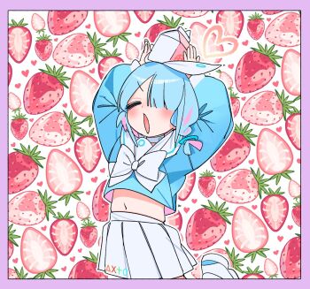 Rule 34 | 1girl, arms up, arona (blue archive), belly, blue archive, blue hair, blue shirt, border, bow, bowtie, closed eyes, commentary, cowboy shot, food, food-themed background, fruit, fruit background, hair over one eye, halo, heart, heart halo, highres, je o mo, long sleeves, midriff, milk carton, multicolored hair, navel, one eye covered, open mouth, pink border, pink hair, sailor collar, shirt, short hair, skirt, solo, strawberry, strawberry background, symbol-only commentary, two-tone hair, v-shaped eyebrows, white bow, white bowtie, white sailor collar, white skirt