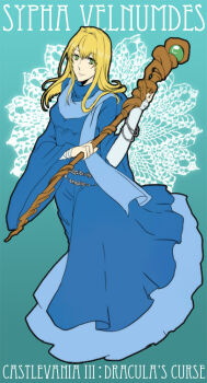 1girl aqua_background blonde_hair blue_dress blue_scarf bracelet breasts castlevania_(series) castlevania_iii:_dracula's_curse character_name closed_mouth copyright_name dress eyebrows_hidden_by_hair eyes_visible_through_hair female_focus full_body green_eyes hair_between_eyes hair_intakes holding holding_staff hood hooded_dress jewelry konami long_dress looking_at_viewer medium_breasts scarf senbe_(motimotio) sidelocks smile solo staff standing straight_hair sypha_belnades wide_sleeves