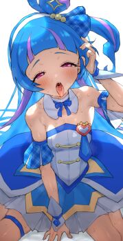 1girl aokaze_nana bare_shoulders blue_bow blue_bowtie blue_dress blue_hair blue_ribbon blue_sleeves blue_wrist_cuffs bow bowtie breasts collar commentary cure_wink detached_collar detached_sleeves dress hair_ribbon hairband hand_in_own_hair heart heart-shaped_hair highres kimi_to_idol_precure loli long_hair looking_at_viewer magical_girl mo_(boo1719501boo) multicolored_hair narrowed_eyes one_side_up open_mouth plaid_ribbon precure purple_eyes purple_hair ribbon saliva saliva_trail short_sleeves small_breasts solo strapless strapless_dress streaked_hair thigh_strap tongue tongue_out two-tone_dress two-tone_hair variant_set very_long_hair white_collar white_dress white_hairband wrist_cuffs