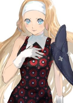 Rule 34 | 1girl, black dress, blonde hair, blue eyes, bright pupils, closed mouth, dress, floral print, flower, gloves, hand on own chest, headband, highres, junah (metaphor: refantazio), long hair, looking at viewer, metaphor: refantazio, red flower, samerkgk, simple background, smile, solo, standing, white background, white gloves, white headband, white pupils