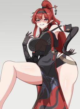 Rule 34 | 1girl, black gloves, black hairband, breasts, china dress, chinese clothes, commentary request, conana 716, dress, earrings, elbow gloves, gloves, grin, hair intakes, hair ornament, hair stick, hairband, high ponytail, highres, implied stepping, jewelry, large breasts, long hair, mole, mole under eye, pointy ears, ponytail, purple eyes, red hair, simple background, single earring, smile, solo, thighs, underboob, wuthering waves, yinlin (wuthering waves)