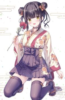 Rule 34 | 1girl, absurdres, black choker, black hair, black hakama, black thighhighs, blush, breasts, brown eyes, choker, commentary request, double bun, floral print, floral print kimono, flower, hair bun, hair flower, hair ornament, hakama, hakama skirt, hanahanamaki, highres, holding, holding flower, japanese clothes, kimono, long hair, long sleeves, looking at viewer, nanami yuuno, open mouth, print kimono, sandals, skirt, smile, solo, sousouman, thighhighs, twinbox school, white kimono, yellow eyes