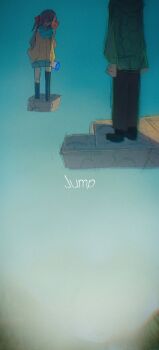 1boy 1girl asymmetrical_legwear bandaid bandaid_on_knee bandaid_on_leg black_pants black_shoes black_thighhighs block_(minecraft) blue_bow blue_bowtie blue_skirt blue_sky bow bowtie brown_hair bucket cardigan e_douraze film_grain floating floating_object green_hoodie hair_ornament hair_ribbon head_out_of_frame heart heart_hair_ornament hexagon_print highres holding holding_bucket hood hoodie long_hair long_sleeves looking_down minecraft miniskirt neuro-sama pants red_ribbon ribbon sailor_collar shade shoes skirt sky standing thighhighs two_side_up vedal987 vedal_ai vignetting virtual_youtuber yellow_cardigan