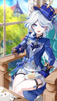 1girl absurdres ahoge asymmetrical_gloves birthday_cake black_gloves blue_eyes blue_hat blue_jacket blue_ribbon cake chair food furina_(genshin_impact) genshin_impact gloves hat heterochromia highres huangwanzi jacket jewelry light_rays long_hair looking_at_viewer mismatched_gloves open_mouth ribbon shirt shorts sitting solo sunlight thigh_strap thighs top_hat white_gloves white_hair white_shirt white_shorts window