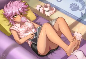 1girl barefoot boots chewing_gum computer feet laptop lying maxa' medium_hair miniskirt on_back panties pantyshot pink_hair shoes skirt socks soles toes underwear unworn_boots unworn_shoes unworn_socks yellow_eyes