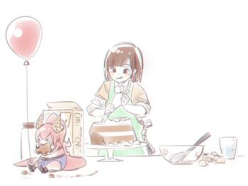 2girls balloon brown_eyes brown_hair cake cup dragon dragon_horns dragon_tail eating food gecko_zen horns icing layered_sleeves long_sleeves measuring_cup medium_hair mixing_bowl multiple_girls original pastry_bag short_over_long_sleeves short_sleeves simple_background sleeves_rolled_up tail tama_gotoh tongue tongue_out virtual_youtuber vshojo white_background yoruny zentreya