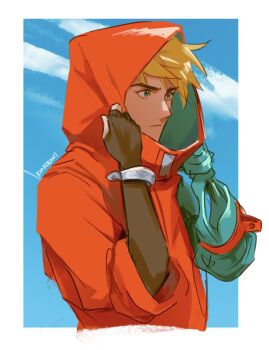 1boy arms_up black_gloves blonde_hair blue_eyes border bracelet closed_mouth coat commentary cropped_torso english_commentary fingerless_gloves frown gloves highres hood hood_up hooded_coat jewelry kookirani male_focus outside_border prosthesis prosthetic_arm short_hair solo trigun trigun_stampede two-sided_coat two-sided_fabric vash_the_stampede white_border