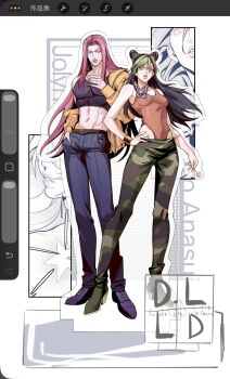 Rule 34 | 1boy, 61troyard 1203, abs, aged down, black hair, black tank top, blue pants, braid, breasts, bun with braided base, butterfly ornament, camouflage, camouflage pants, candy, cigarette, cone hair bun, crop top, denim, double bun, facepaint, food, full body, green eyes, green hair, green lips, green pants, groin, hair bun, hand in pocket, hand on own hip, high heels, highleg, highleg leotard, highres, holding, holding candy, holding food, holding lollipop, jacket, jeans, jewelry, jojo no kimyou na bouken, kuujou jolyne, leotard, lipstick, lollipop, long hair, makeup, medium breasts, midriff, multicolored hair, narciso anasui, navel, official alternate costume, orange leotard, pants, pink hair, pink lips, purple shoes, shoes, stone ocean, tank top, tattoo, toned, two-tone hair, yellow jacket