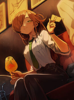 1girl absurdres artist_name black_pants blush breast_pocket breasts brown_hair clip_studio_paint_(medium) closed_mouth cocktail commentary_request cup dutch_angle eudetenis feet_out_of_frame film_grain glass green_eyes green_necktie hair_over_one_eye highres holding holding_cup holding_paper indoors long_bangs long_hair necktie one_eye_covered original pants paper parted_bangs pocket polka_dot_necktie shirt shirt_tucked_in sitting smile solo straight_hair three-quarter_sleeves white_shirt wristband