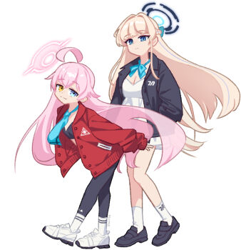 2girls ahoge bandeau black_jacket blonde_hair blue_archive blue_bow blue_bowtie blue_eyes blue_necktie bow bowtie braid breasts cardigan cleavage commentary_request dress half_up_braid halo hands_in_pockets heterochromia highres hoshino_(blue_archive) jacket korean_commentary leaning_forward loafers multiple_girls necktie pants red_cardigan s9uirrel school_uniform shoes sneakers socks standing toki_(blue_archive) white_dress white_socks yellow_eyes yoga_pants