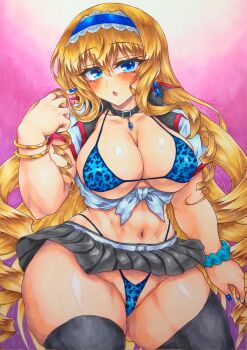 1girl abs bikini blonde_hair blue_eyes breasts cecilia_alcott cleavage front-tie_top hairband half-closed_eyes highres infinite_stratos jewelry large_breasts legs long_hair looking_at_viewer midriff navel necklace open_mouth playing_with_own_hair shirt skirt solo swimsuit thick_thighs thighs thong_bikini tied_shirt tongue traditional_media very_long_hair