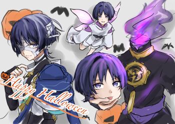 3boys alternate_species aqua_sleeves arm_at_side armor arms_at_sides bandage_over_one_eye black_bodysuit black_sash black_sleeves blue_cape blunt_ends bodysuit cape closed_mouth covered_collarbone disembodied_head dullahan fairy_wings fire flying genshin_impact gold gold_ring grey_background hand_up happy_halloween highres holding_detached_head jack-o&#039;-lantern japanese_armor japanese_clothes jewelry kariginu kimono kote kurokote layered_sleeves long_sleeves looking_at_viewer lower_teeth_only mandarin_collar middle_ring mitsudomoe_(shape) multiple_boys multiple_persona mummy_costume neck_ring open_mouth pelvic_curtain pink_pupils purinigax purple_eyes purple_fire purple_hair purple_kimono purple_sleeves red_sash sash scaramouche_(genshin_impact) scaramouche_(kabukimono)_(genshin_impact) short_sleeves shorts sketch smile teeth tomoe_(symbol) tongue tongue_out wanderer_(genshin_impact) white_kimono white_shorts white_sleeves wings