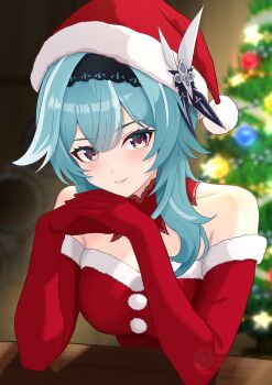 1girl absurdres black_hairband blue_hair blush breasts christmas closed_mouth dress eula_(genshin_impact) fingerless_gloves fur-trimmed_dress fur-trimmed_headwear fur_trim futatunoniji genshin_impact gloves hairband hat hat_ornament highres long_hair looking_at_viewer multicolored_eyes multicolored_hair red_dress red_gloves red_sleeves santa_costume santa_dress santa_hat smile solo streaked_hair white_hair