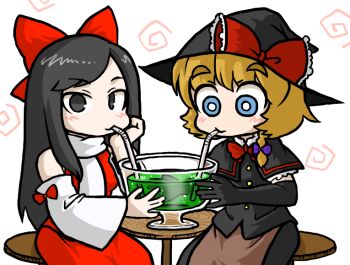 2girls apron black_capelet black_eyes black_gloves black_hair black_hat black_shirt black_skirt blonde_hair blue_eyes blush bow bowtie braid bright_pupils brown_apron bseibutsu capelet closed_mouth commentary_request cookie_(touhou) cowboy_shot cup drinking_straw drinking_straw_in_mouth elbow_gloves gloves hair_bow hakurei_reimu hand_on_own_cheek hand_on_own_face hat hat_bow kirisame_marisa long_hair looking_at_viewer meguru_(cookie) multiple_girls red_bow red_bowtie red_shirt red_skirt scarf shared_drink shiromiya_rei shirt short_hair side_braid single_braid skirt skirt_set sleeve_bow sleeveless sleeveless_shirt smile stool table touhou waist_apron white_pupils white_scarf witch_hat