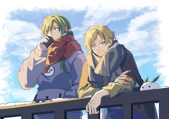 Rule 34 | 1boy, 1girl, absurdres, black jacket, blonde hair, brown scarf, brown shirt, commentary, cup, disposable coffee cup, disposable cup, enpera, green hair, hand in pocket, harunai, highres, holding, holding cup, hood, hoodie, jacket, kagerou project, kano shuuya, kido tsubomi, layered sleeves, long sleeves, print hoodie, purple hoodie, red scarf, scarf, shirt, short over long sleeves, short sleeves, snow rabbit, symbol-only commentary, winter, yellow eyes