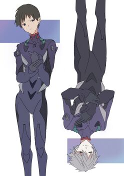 2boys blue_eyes brown_hair carrypan53 closed_mouth commentary_request evangelion:_3.0_you_can_(not)_redo grey_hair greyscale highres ikari_shinji looking_at_another looking_at_viewer male_focus mecha_pilot_suit monochrome multiple_boys nagisa_kaworu neon_genesis_evangelion plugsuit_(evangelion) rebuild_of_evangelion red_eyes short_hair upside-down